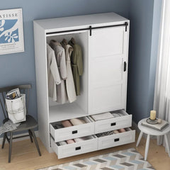 Armoire Wardrobe Closet with Sliding barn Door, Wardrobe Cabinet with 4 Storage Drawers and Hanging Rail, Wooden Closet