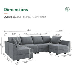 Couch, U-Shaped Modular Sectional Sofa, Sectional Couch with Storage Seats U Shape Sofa-2, Bluish Grey Sofa