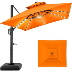 10x10ft 2-Tier Square Cantilever Patio Umbrella with Solar LED Lights, Offset Hanging Outdoor Sun Shade