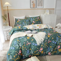 Duvet Cover Queen 100% Cotton, Green Garden Flower Pattern Bedding Duvet Cover Set Full Queen with Pillowcases Durable Zipper