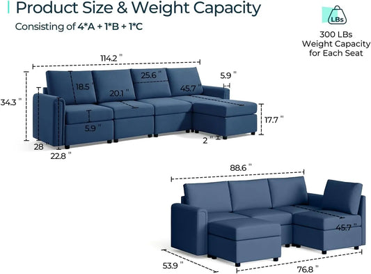 Sectional Sofa Blue 300lb Weight Capacity Changeable Covers Storage Seat Memory Foam Cushion Easy Assembly 6 Packages