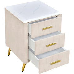 3-drawer Bedside Table with Metal Legs and Handles, Cushioned Bedside Table with Artificial Marble Countertop