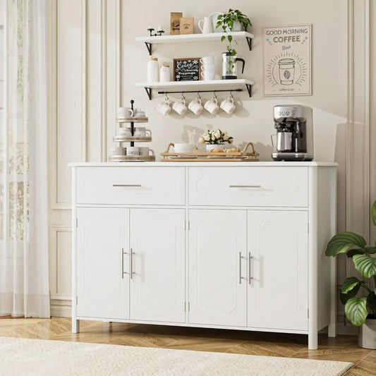 HOSATCK Buffet Sideboard Cabinet, White Coffee Bar Cabinet with 2 Drawers & 4 Doors for Kitchen, Dining Room, Living Room