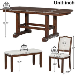 6-Piece Dining Table Set, Extendable Wood Table with 18-inch Removable Leaf, 4 Upholstered Chairs and Bench, Dining Table Set