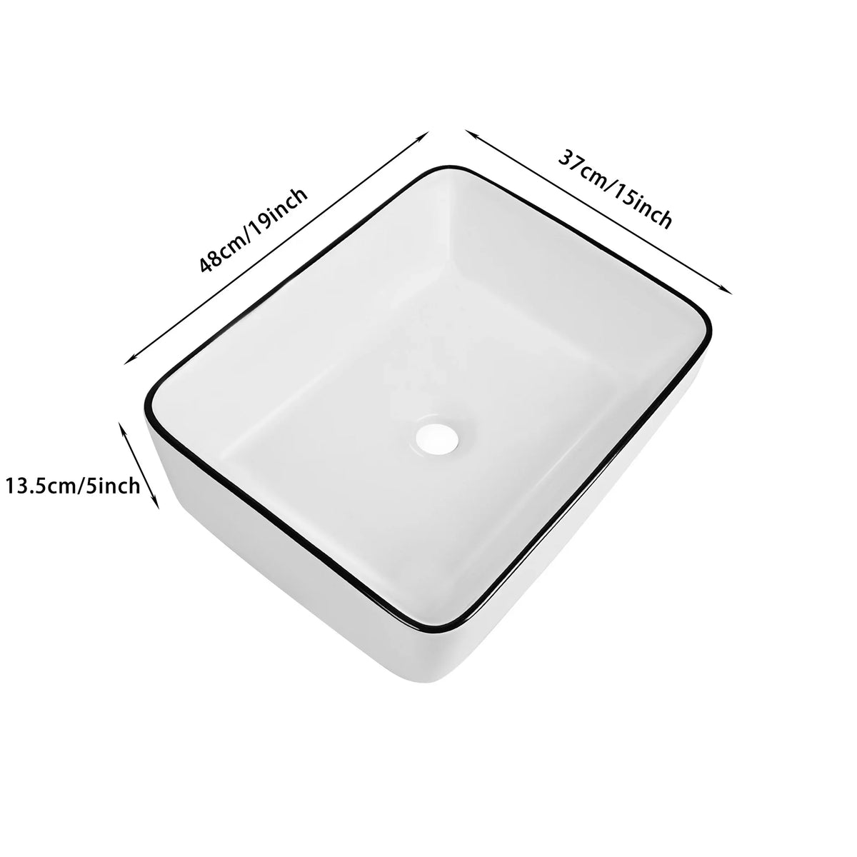 Ceramic Rectangular Bathroom Vessel Sink, 19'' X 15'' Above Counter Porcelain Small Sink, White Body With Black Trim On The Top