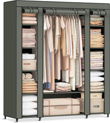 Closet Wardrobe Portable Closet Bedroom Clothes Rail with Non-Woven Fabric Cover Clothes Storage Organizer 12 Compartments Gray