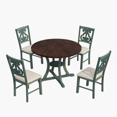 5-Piece Farmhouse Dining Table Set Wood Round Extendable Dining Table and 4 Upholstered Dining Chairs