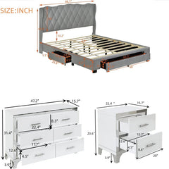 4-Pieces Bedroom Sets Queen Size Upholstered Bed with Three Drawers,Mirrored Nightstands and Dresser with handles and Legs