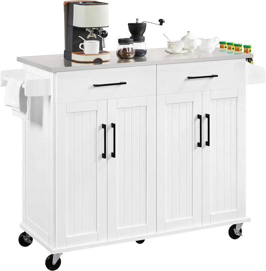 Kitchen Island Cart with Storage & Stainless Steel Countertop, Portable Kitchen Island on Wheels with Cabinet & Adjust