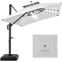 10x10ft 2-Tier Square Cantilever Patio Umbrella with Solar LED Lights, Offset Hanging Outdoor Sun Shade