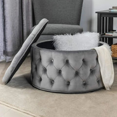 28 Inch Round Velvet Storage Ottoman Foot Stool Tufted Footrest Stool Coffee Table for Living Room (Grey) Freight Free