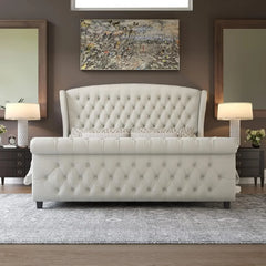 King Size Platform Bed Frame, Chenille Upholstered Sleigh Bed with Scroll Wingback Headboard & Footboard/Button Tufted Cream