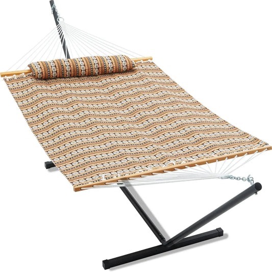 55'' Width Double Jacquard Hammock with Stand Included Heavy Duty Outside Two Person Hammocks with Hardwood Spreader Bar