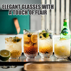 8 Pieces 14/12OZ Art Deco Cocktail Glass Highball Ribbed Glass Drinking Glass Set Unique Glassware Beverage Iced Coffee Cup Set