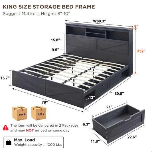 King Size Wood Bed Frame Farmhouse with 52" Tall Storage Bookcase Headboard, LED Light,Charging Station,4 Drawers and Solid