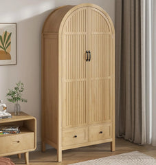 Armoire Wardrobe Closet with 2 Arched Fluted Doors, Armorie Wardrobe Closet with Drawers, Wooden Wardrobe Cabinet with Shelves