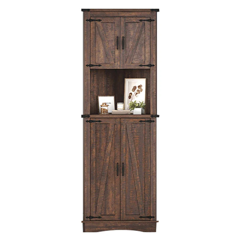 Farmhouse Corner Cabinet, 5-Tier Tall Storage Cabinet with Barn Doors & Adjustable Shelves, Corner Storage Cabinet, White/ Brown