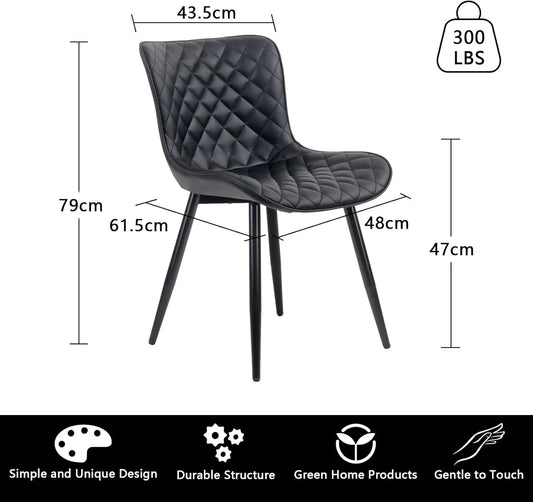 Black Dining Chairs Set of 2 Mid Century Modern PU Leather Diamond Upholstered Accent Guest Dinner Chair with Back Metal Legs fo