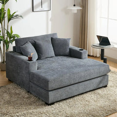 Indoor Oversized Chaise Lounger, Chenille Fabric Sleeper Sofa Couch with Pillows, Charge Station & Cup Holders