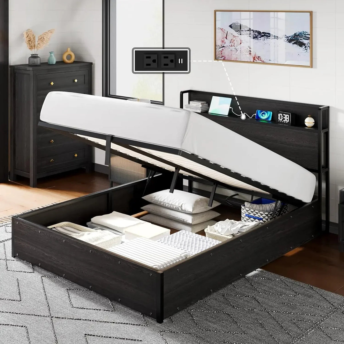 Queen Size Lift Up Storage Bed Frame, Wooden Platform Bed Frame with Lifting Storage & Charging Station, No Spring Box Needed