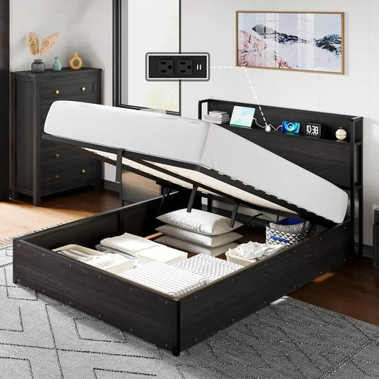 Queen Size Lift Up Storage Bed Frame, Wooden Platform Bed Frame with Lifting Storage & Charging Station, No Spring Box Needed