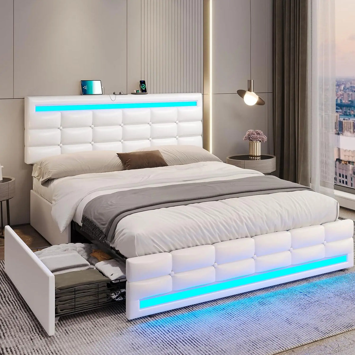 LED Bed Frame w 4 Drawers and 2 USB Charging Station, Upholstered Platform Queen Size Bed Frame w LED Lights Headboard Footboard