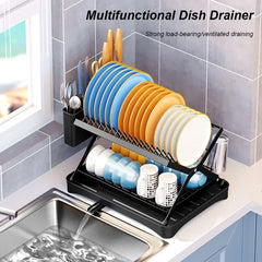 2-Tier Kitchen Counter Dish Drainer Storage Rack Collapsible Dish Bowl Rack Water Cup Organizer with 360° Retractable Drain