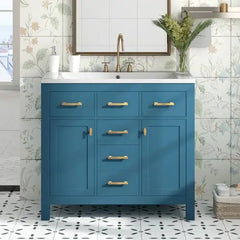 36 Bathroom Vanity with Sink Freestanding Modern Bathroom Vanity Cabinet with Sink Top 4Drawers and 2Storage Cabinets Solid Wood