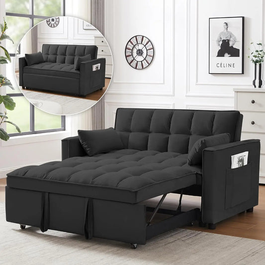 Sleeper Sofa Bed, Futon Couches for Living Room with Side Pocket | Adjustable Backrest| Velvet Fabric | Pull