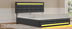 LED Bed Frame w 4 Drawers and 2 USB Charging Station, Upholstered Platform Queen Size Bed Frame w LED Lights Headboard Footboard