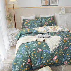 Duvet Cover Queen 100% Cotton, Green Garden Flower Pattern Bedding Duvet Cover Set Full Queen with Pillowcases Durable Zipper