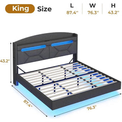 Bed Frame, with Type-C Charging Station& Hidden Storage Headboard, King RGB Floating Platform Bed, Bed Frame