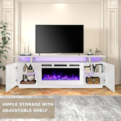 70'' Fireplace TV Stand with 36'' Electric Fireplace with 12 Flame Fireplace Insert Heater and 16 Color Led Lights,White