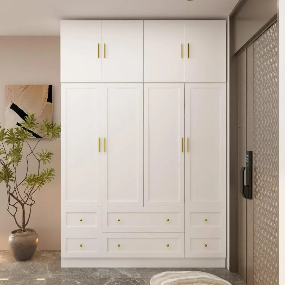 Large Wardrobe Armoire Closet with 4 Doors, White Wardrobe with Hanging Rods and Drawers, Top Cabinets, Bedroom Armoire