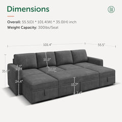 Modular Sectional Sleeper Sofa Bed, Corduroy Pull Out Couch with Storage Ottoman, U Shaped Sectional Couches for Living Room