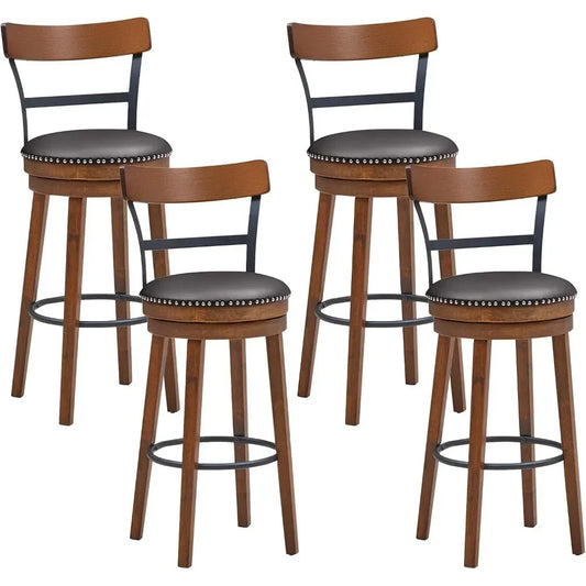 Bar Stools Set of 4 Swivel , PU Leather Upholstered Barstools with Back & Solid Rubber Wood Legs & Metal Footrest, 30.5 Inch