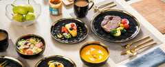 LOVECASA 16/32 Piece Black Porcelain Dinnerware Set with Gold Trim Dessert Plate,Dinner Plate,Cup,Bowl Tableware Set