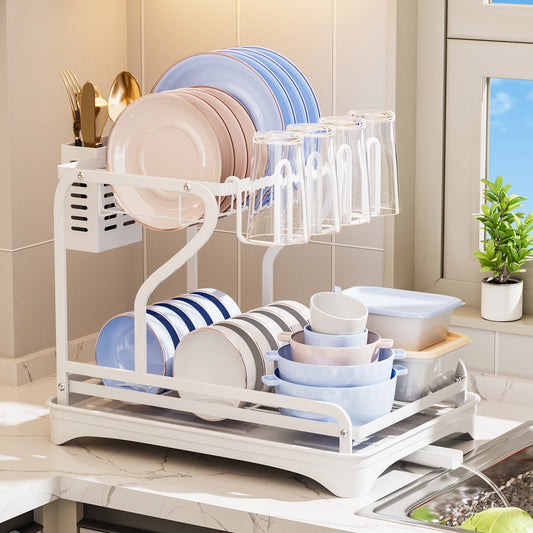 1PC,Dish Drying Rack -  Dish Rack For Kitchen Counter, 2-Tier Kitchen Organizers And Storage Rack With Drainboard And Cutlery Ho