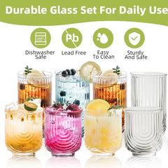 8 Pieces 14/12OZ Art Deco Cocktail Glass Highball Ribbed Glass Drinking Glass Set Unique Glassware Beverage Iced Coffee Cup Set