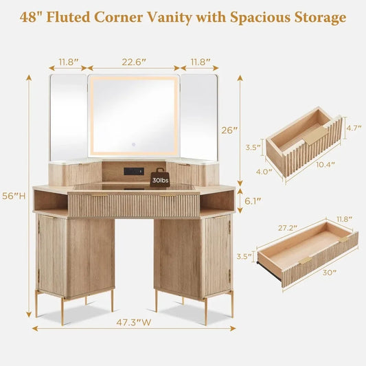 Fluted Makeup Vanity Desk with HD Triple Mirror and Lights, Large Lighted Corner Vanity with Glass Top, Modern Dressing Table