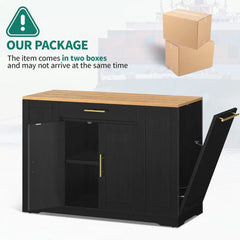 Large Rolling Kitchen Island with Trash Can Locker, Portable Mobile Island Long Float, 13 Gallon Trash Can 2 Drawers, Black