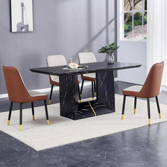 Dining Table Set, Modern Faux Marbled Pattern, MDF Density Board Base, Dining Table and PU Back Leather Chairs, Dining Table Set