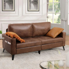 79 Inch Couch for Living Room, Small Couches, Faux Leather Mid Century Modern Sofas, Brown Comfy Love Seat for Bedroom