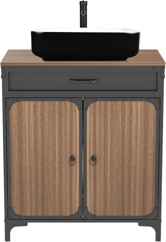 Bathroom Vanity,Bathroom Vanity with Sink Combo Set, Brown Modern Wood Bathroom Cabinet with Black & White Ceramic Bathroom Sink