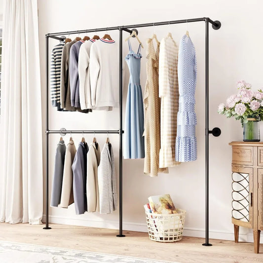 Industrial Pipe Clothing Racks with Double Bar, Industrial Black Clothes Racks Wall Mounted, Heavy Duty Closet Rods