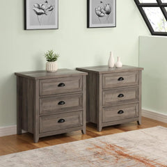 2-Piece Nightstand, Modern Farmhouse 3 Drawer Framed Nightstand with Half-Moon Handles, White Oak End Table for Bedroom