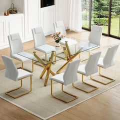 71” Glass Dining Table Set for 8, Tempered Glass Table and 8 PU Leather Chairs, Dining Room Table Set for 8