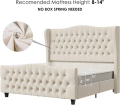 Queen Size 54.3” Tall Platform Bed Frame with Deep Button Tufted Wingback Headboard and Footboard, Velvet Upholstered Bed Frame