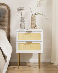 Rattan Nightstand with Charging Station, 2 Drawer Dresser for Bedroom, Small Bedside Table with 2 Drawers, Night Stand,