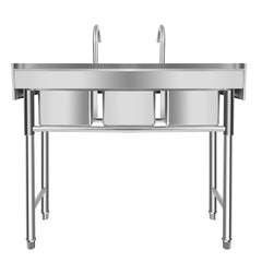 3 Compartment Freestanding Stainless Steel Utility Sink Commercial Kitchen Sink Laundry Basin with 2 Hot Cold Faucets + 3 Drains